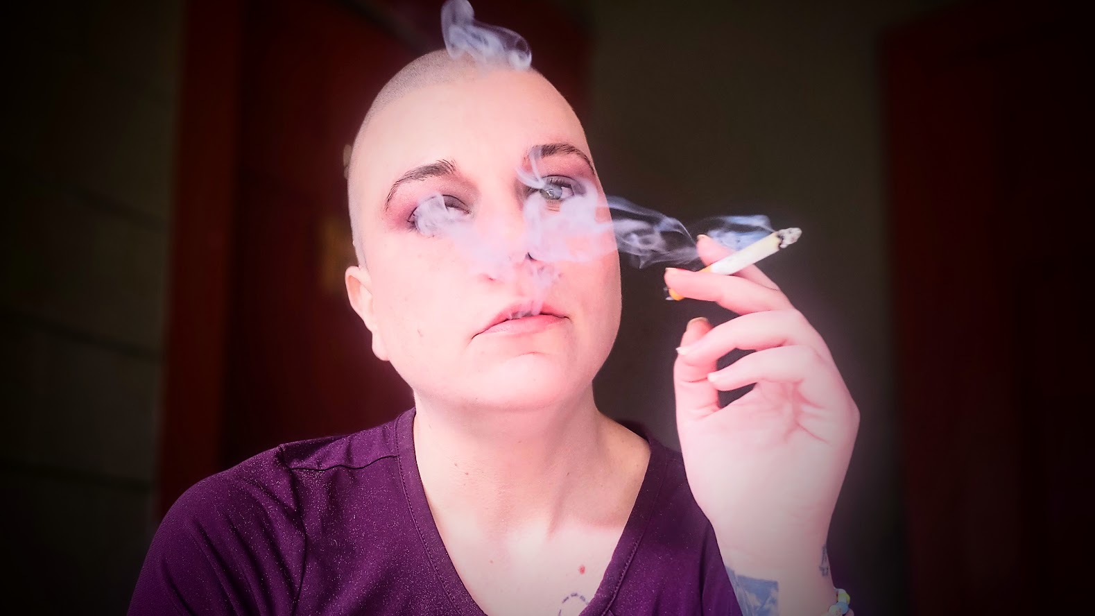 bald lady smoking